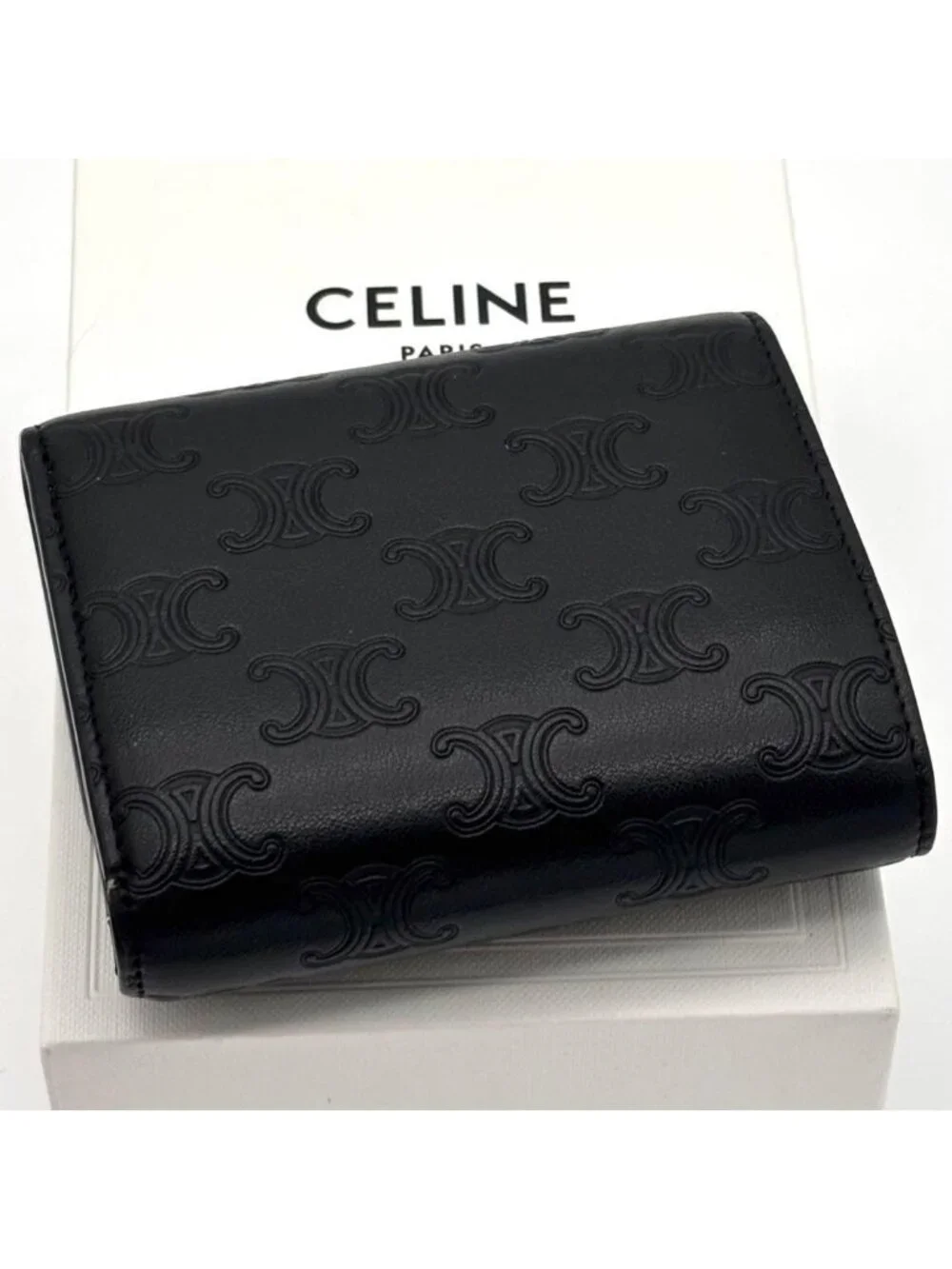 Celine Trifold Wallet Triomphe Embossed Logo Leather Black